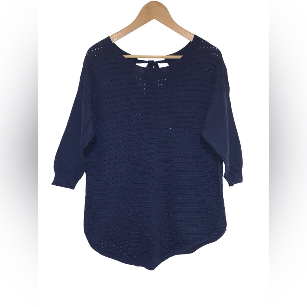 Soho NY&Co Jeans 3/4” Sleeve Light Tunic Sweater Dark Blue Perforated Knit Sz M